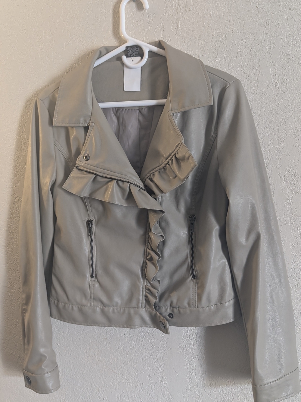 Women's Light Gray Faux Leather Ruffle Moto Jacket